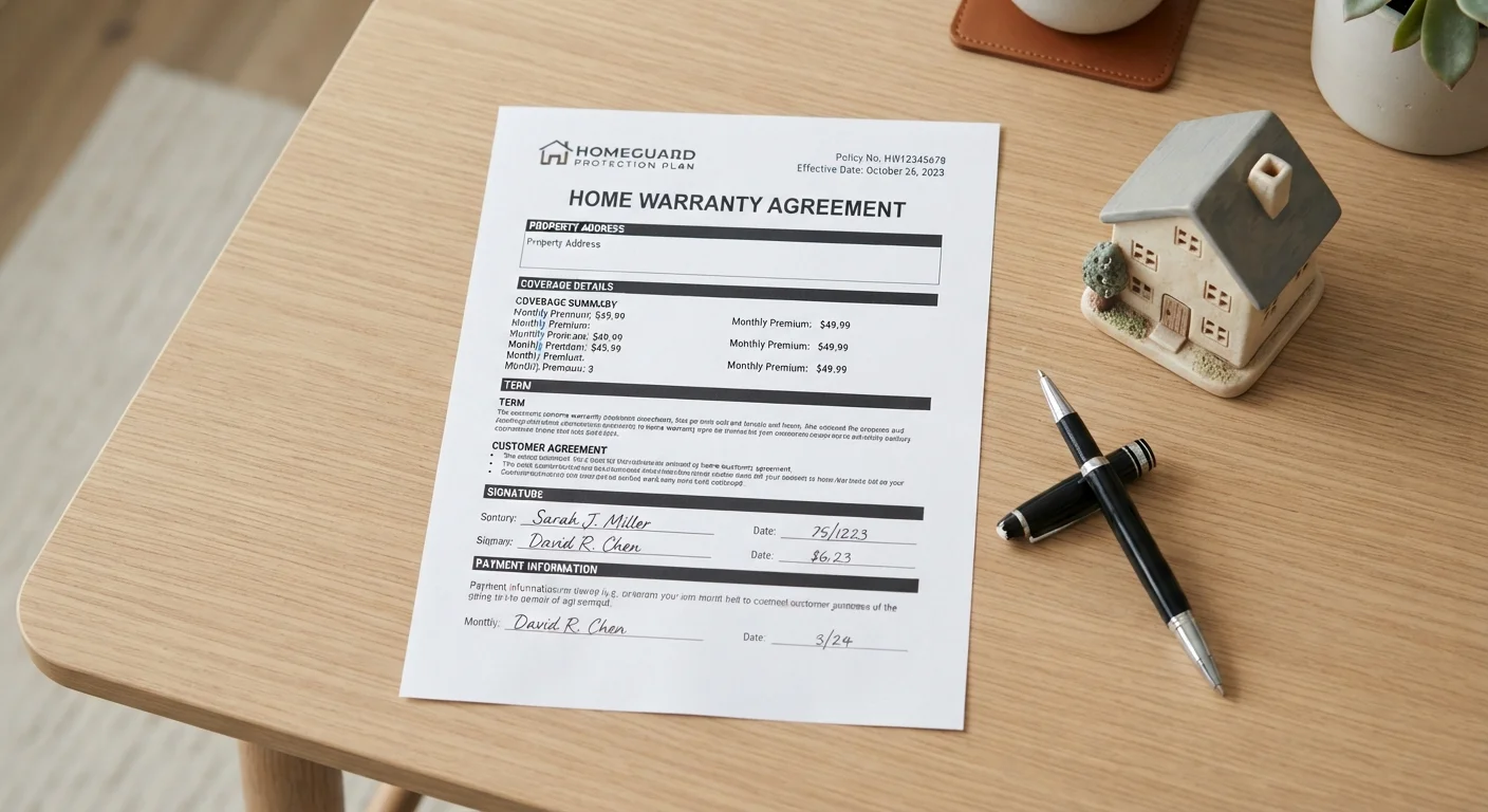 Home warranty contract document on table with pen and small house model representing policy review