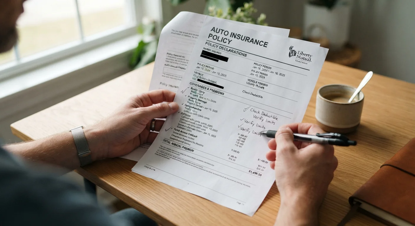 Auto insurance policy document on a desk with a pen ready to review coverage details