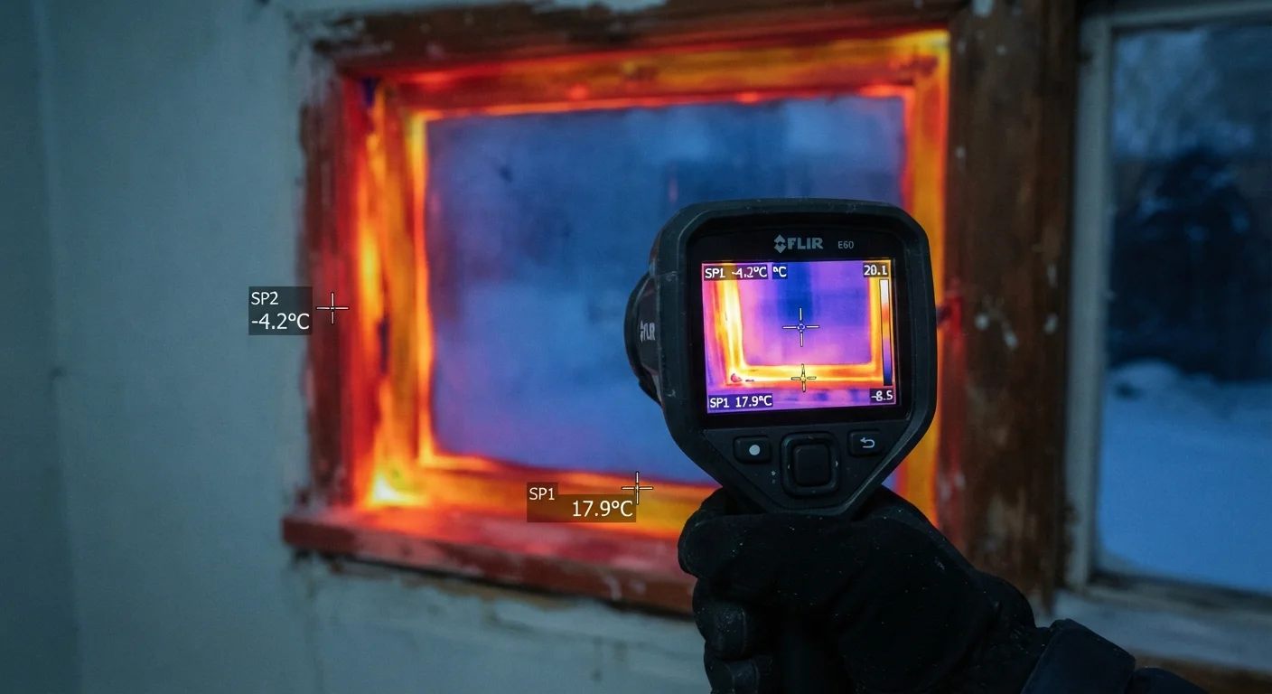 Thermal imaging camera showing heat escaping in orange and red around a poorly sealed window frame