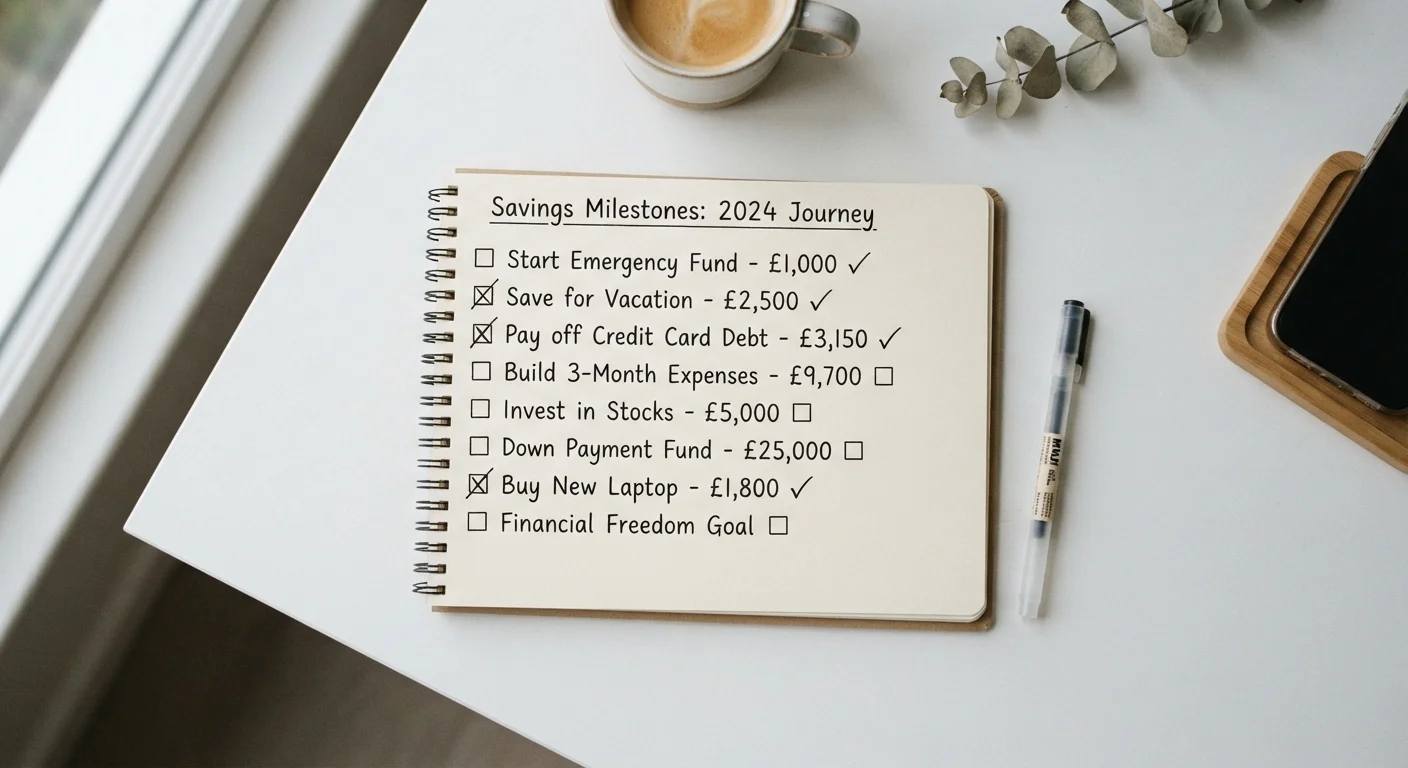 Notebook with handwritten savings milestones and checkboxes laid out on a clean desk